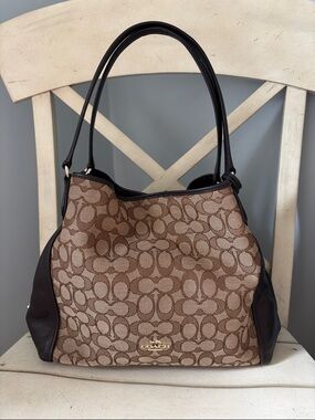 Coach Edie 31 Brown Signature Canvas Shoulder Bag with Dark Trim